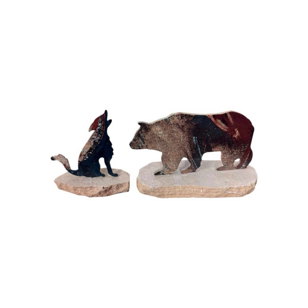Lazart Art Coyote And Bear Fusion Cut Metal‎ Art Sculpture on Sandstone Base